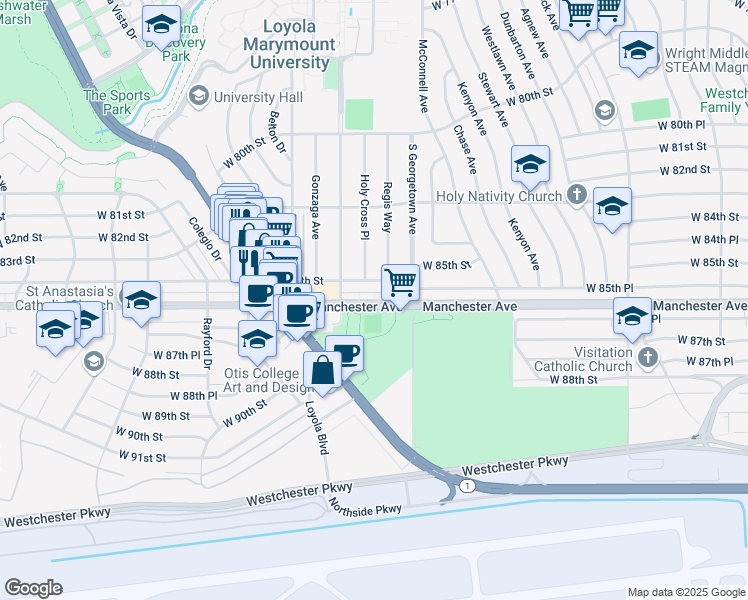map of restaurants, bars, coffee shops, grocery stores, and more near 7071 1/2 West Manchester Avenue in Los Angeles