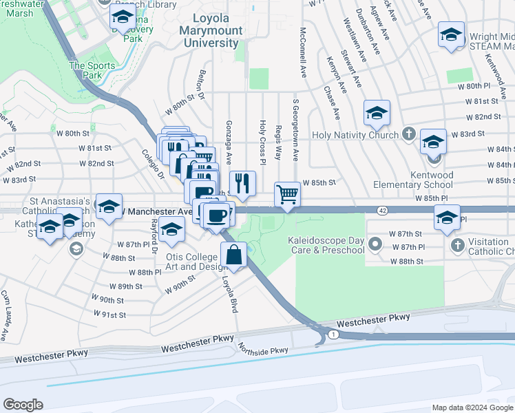 map of restaurants, bars, coffee shops, grocery stores, and more near 7071 1/2 West Manchester Avenue in Los Angeles