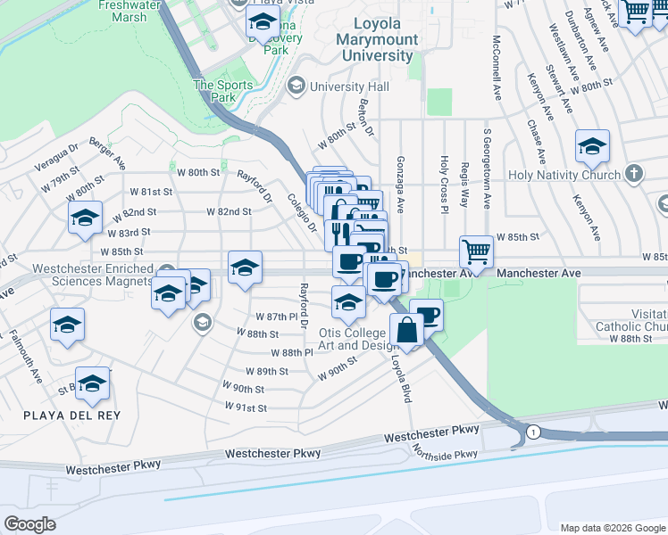 map of restaurants, bars, coffee shops, grocery stores, and more near 7241 West Manchester Avenue in Los Angeles