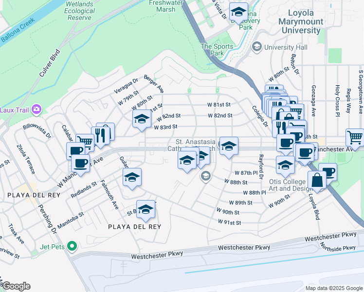 map of restaurants, bars, coffee shops, grocery stores, and more near 7525 West Manchester Avenue in Los Angeles