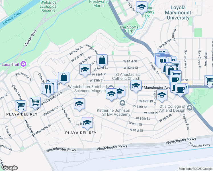 map of restaurants, bars, coffee shops, grocery stores, and more near 7525 West Manchester Avenue in Los Angeles