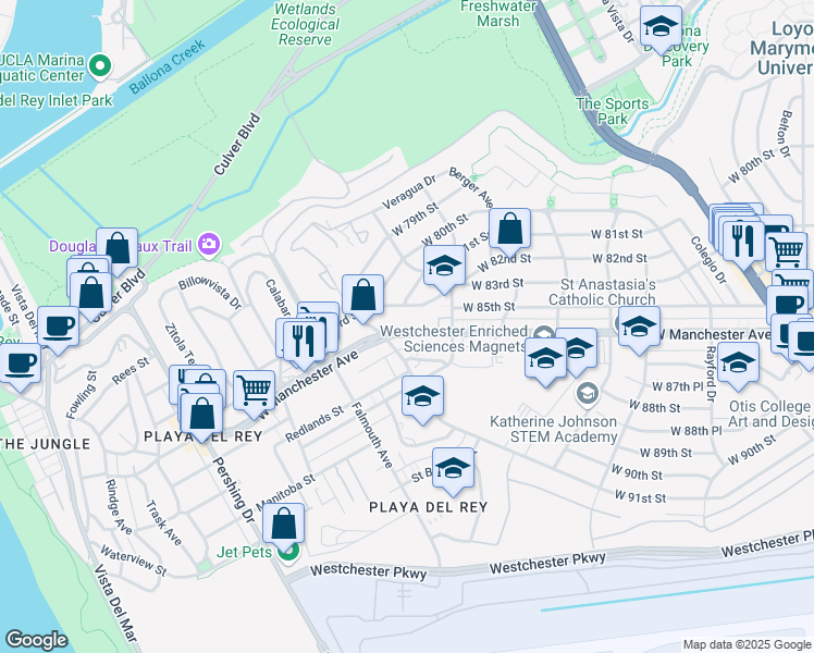 map of restaurants, bars, coffee shops, grocery stores, and more near 7841 West Manchester Avenue in Los Angeles