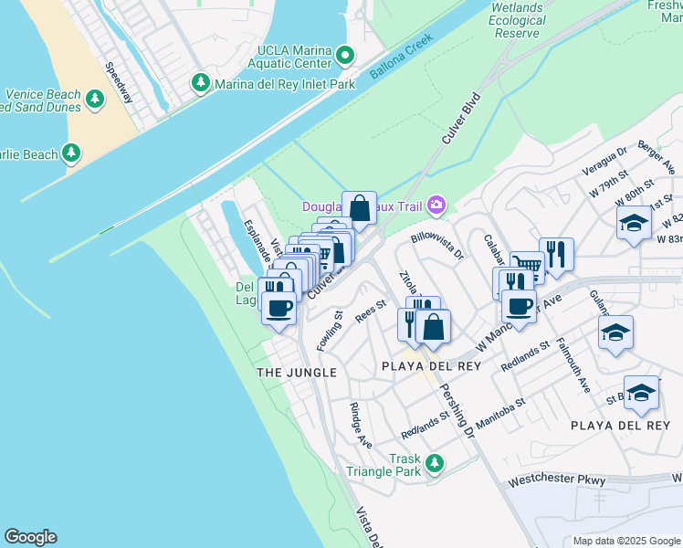 map of restaurants, bars, coffee shops, grocery stores, and more near 380 Pershing Drive in Los Angeles
