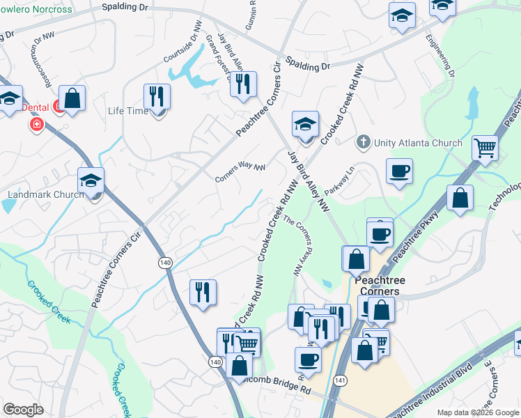 map of restaurants, bars, coffee shops, grocery stores, and more near 6140 Windsor Trace Drive in Norcross