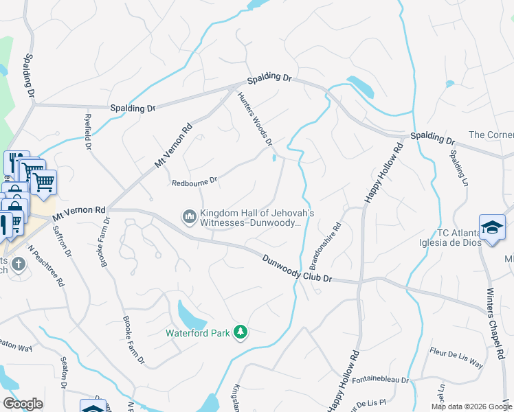map of restaurants, bars, coffee shops, grocery stores, and more near 7600 Brigham Drive in Atlanta