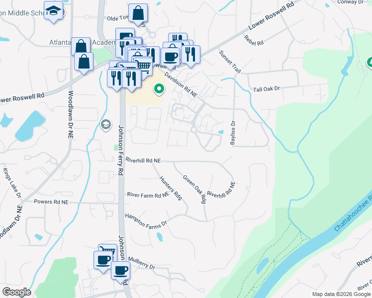 map of restaurants, bars, coffee shops, grocery stores, and more near 5034 Meadow Lane in Marietta