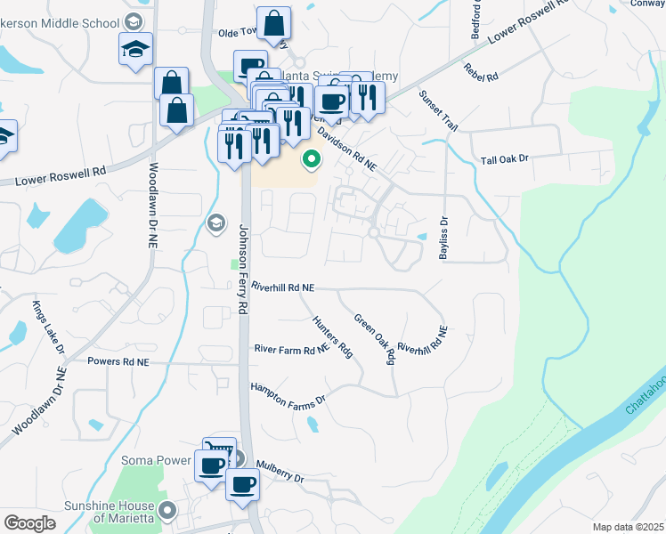 map of restaurants, bars, coffee shops, grocery stores, and more near 5014 Meadow Lane in Marietta