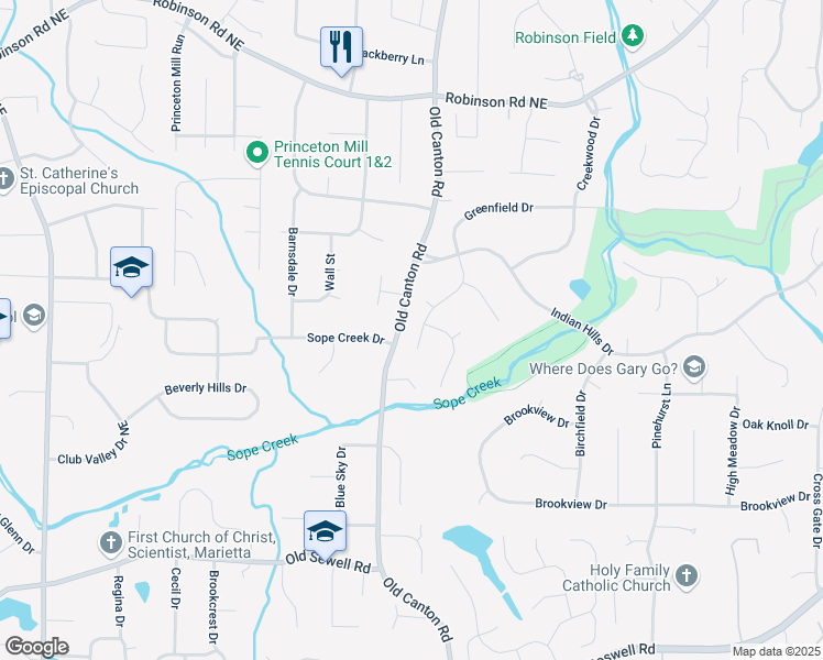 map of restaurants, bars, coffee shops, grocery stores, and more near 3025 Greenfield Drive in Marietta