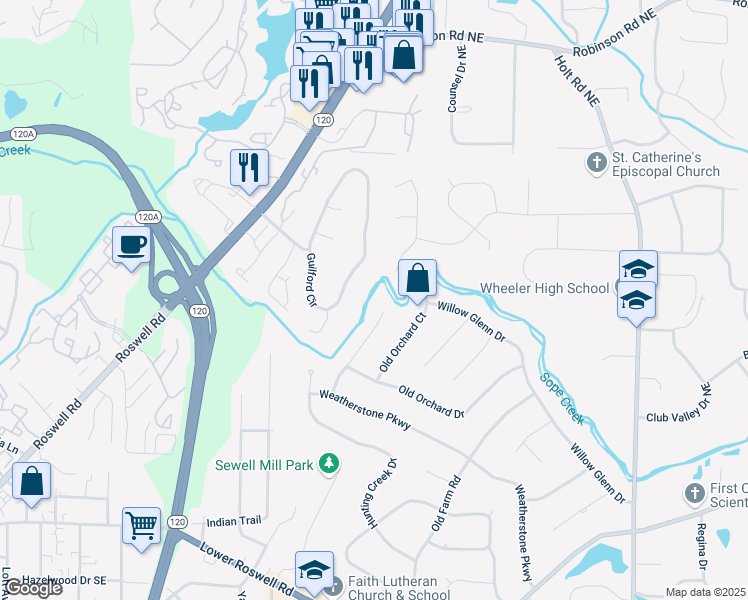 map of restaurants, bars, coffee shops, grocery stores, and more near 363 Weatherstone Lane in Marietta