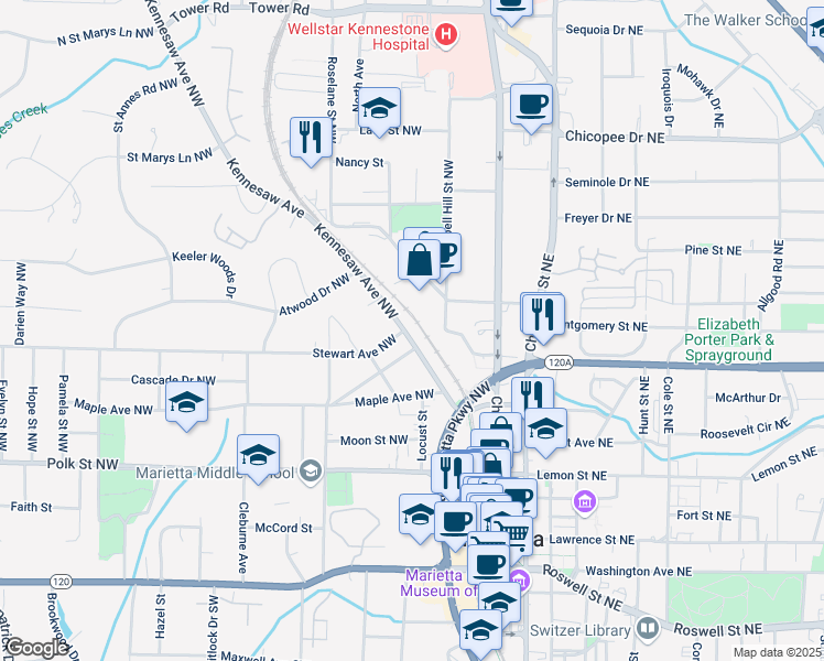 map of restaurants, bars, coffee shops, grocery stores, and more near 334 Kennesaw Avenue Northwest in Marietta