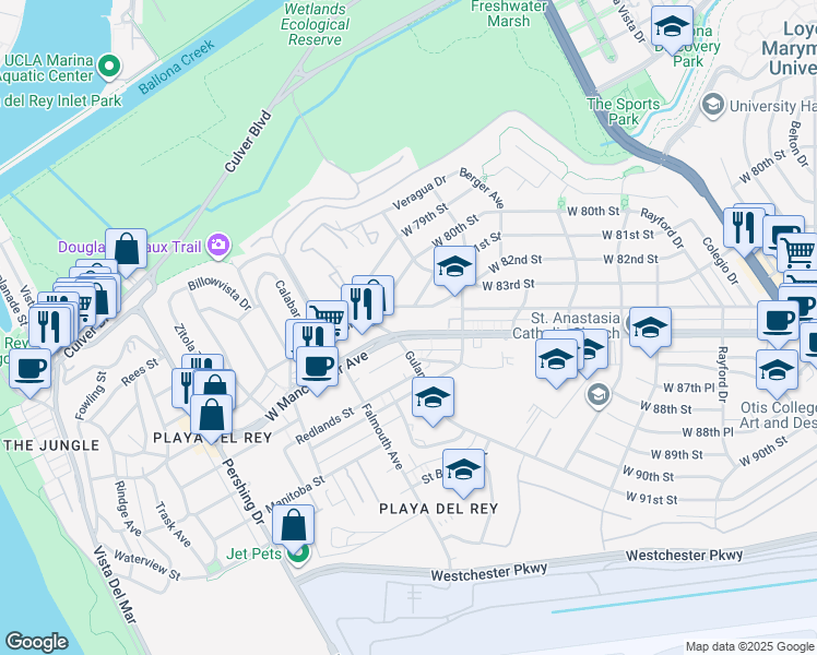 map of restaurants, bars, coffee shops, grocery stores, and more near 7857 West Manchester Avenue in Los Angeles