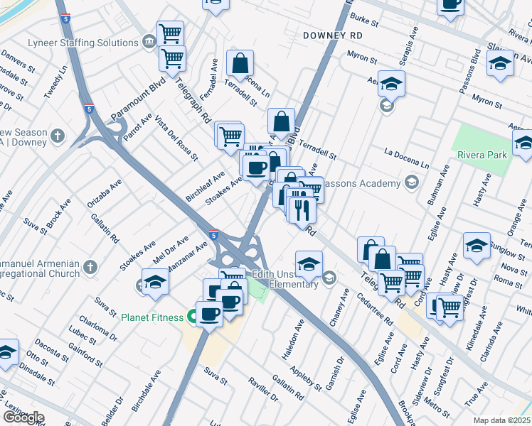 map of restaurants, bars, coffee shops, grocery stores, and more near 8829 Lindell Avenue in Downey