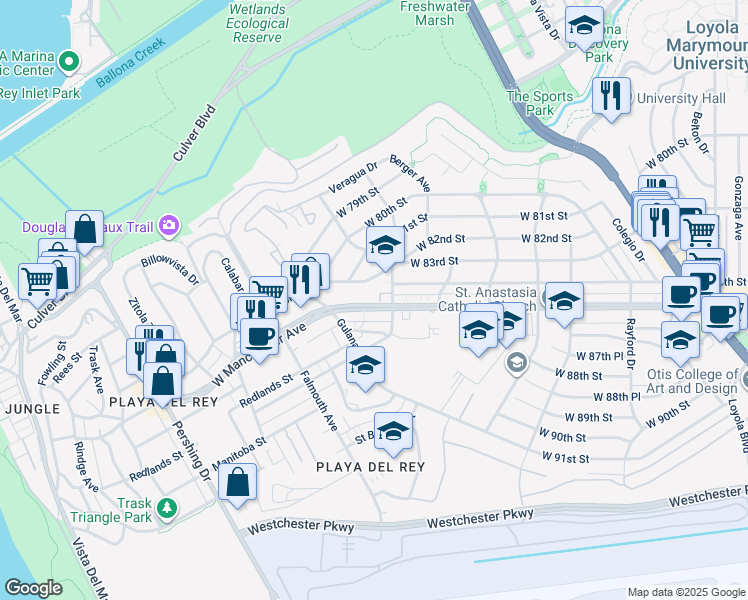 map of restaurants, bars, coffee shops, grocery stores, and more near 7825 West Manchester Avenue in Los Angeles