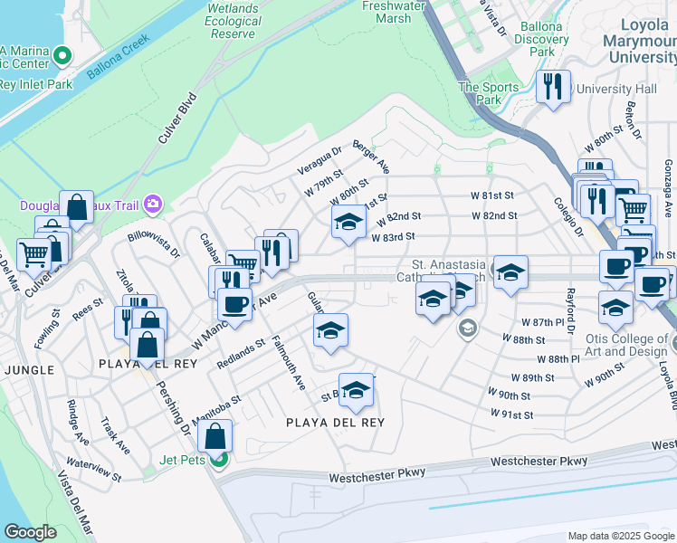 map of restaurants, bars, coffee shops, grocery stores, and more near 7825 West Manchester Avenue in Los Angeles