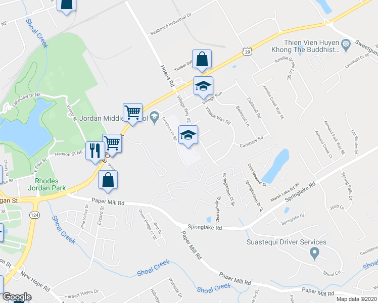 map of restaurants, bars, coffee shops, grocery stores, and more near 12 Village Way Southeast in Lawrenceville