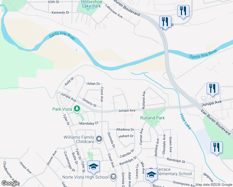 map of restaurants, bars, coffee shops, grocery stores, and more near 9621 Scioscia Street in Riverside