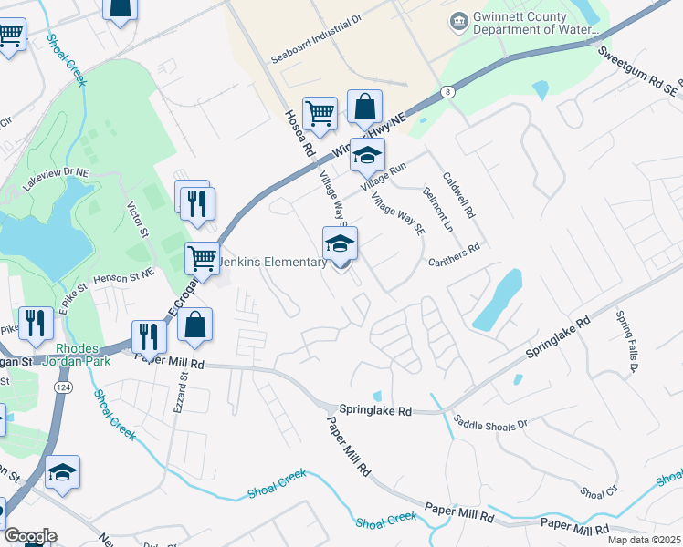 map of restaurants, bars, coffee shops, grocery stores, and more near 12 Village Way Southeast in Lawrenceville