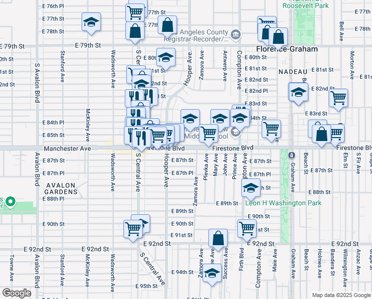map of restaurants, bars, coffee shops, grocery stores, and more near 1248 Firestone Boulevard in Los Angeles