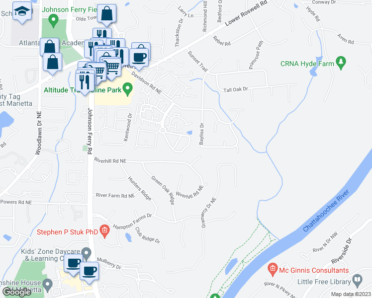 map of restaurants, bars, coffee shops, grocery stores, and more near 5027 Gardenia Circle in Marietta