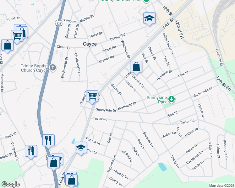 map of restaurants, bars, coffee shops, grocery stores, and more near 2308 Baxter Street in Cayce