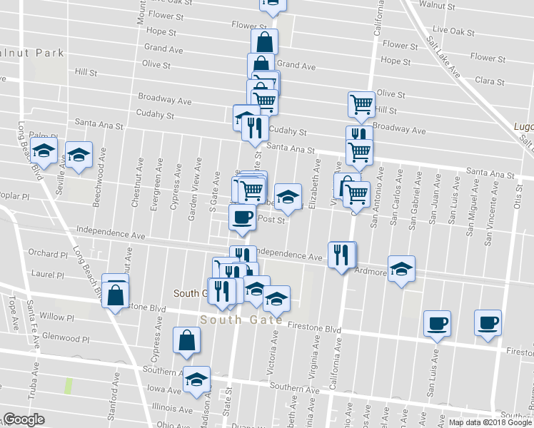 map of restaurants, bars, coffee shops, grocery stores, and more near 8419 Dearborn Avenue in South Gate