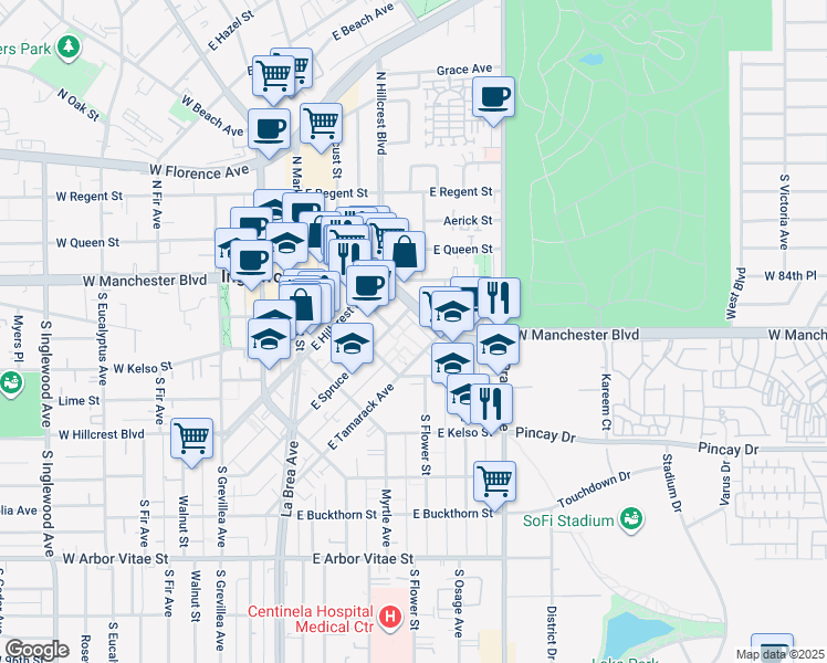map of restaurants, bars, coffee shops, grocery stores, and more near 435 East Tamarack Avenue in Inglewood