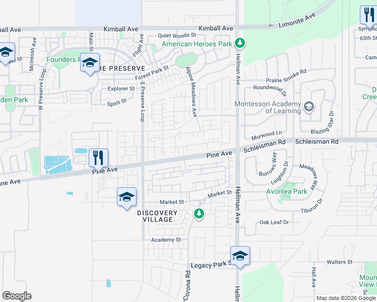 map of restaurants, bars, coffee shops, grocery stores, and more near 8679 Celebration Street in Chino