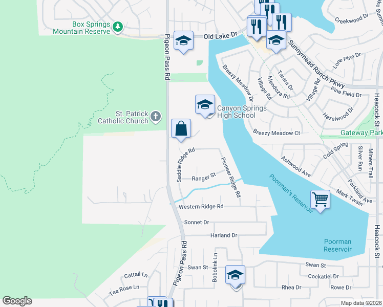 map of restaurants, bars, coffee shops, grocery stores, and more near 11120 Saddle Ridge Road in Moreno Valley
