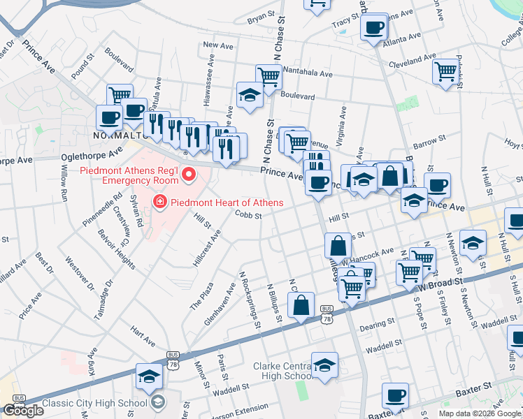map of restaurants, bars, coffee shops, grocery stores, and more near 626 Cobb Street in Athens