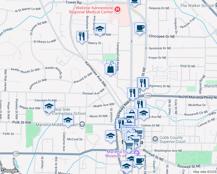 map of restaurants, bars, coffee shops, grocery stores, and more near 334 Kennesaw Avenue Northwest in Marietta