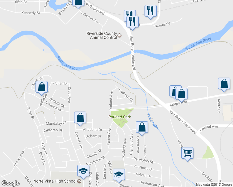 map of restaurants, bars, coffee shops, grocery stores, and more near 8992 Rossini Court in Riverside