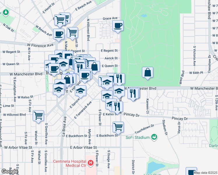map of restaurants, bars, coffee shops, grocery stores, and more near 721 East Manchester Boulevard in Inglewood