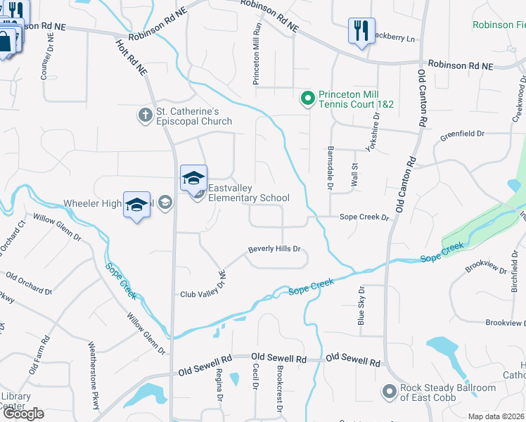 map of restaurants, bars, coffee shops, grocery stores, and more near 2734 Okawana Drive South East in Marietta