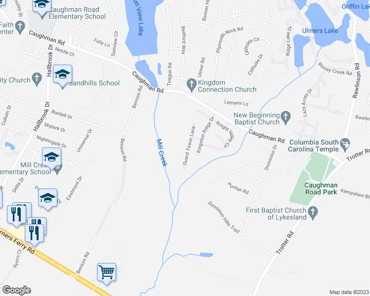 map of restaurants, bars, coffee shops, grocery stores, and more near 452 Guard Tower Lane in Columbia