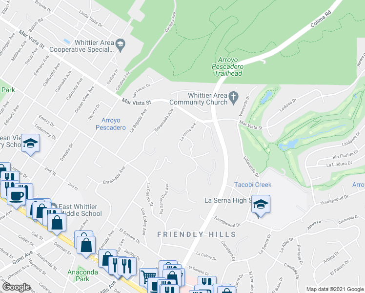 map of restaurants, bars, coffee shops, grocery stores, and more near 8318 La Sierra Avenue in Whittier