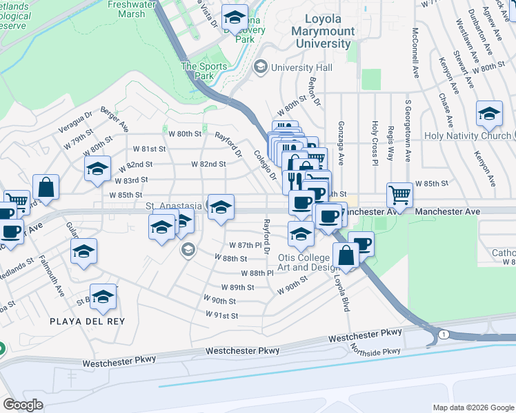 map of restaurants, bars, coffee shops, grocery stores, and more near 7301 West Manchester Avenue in Los Angeles