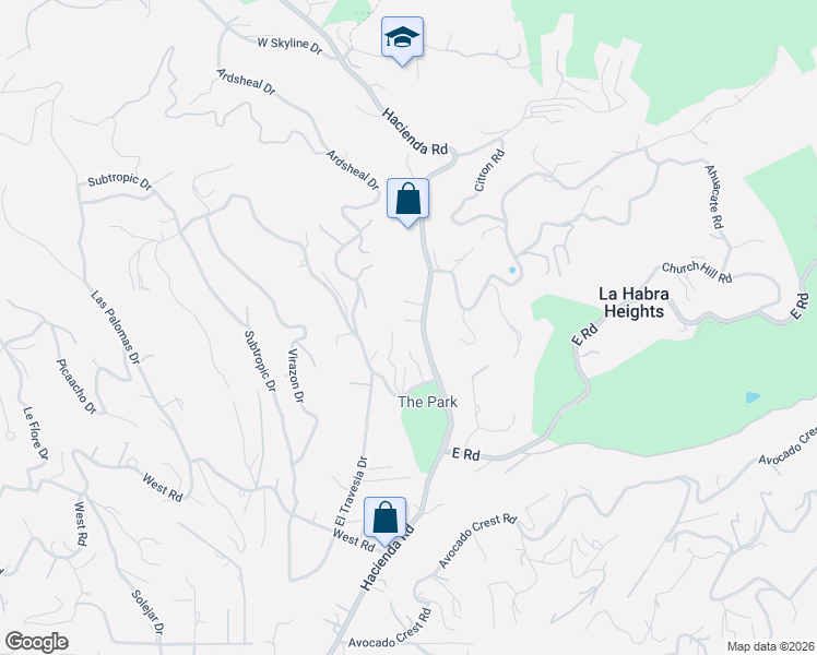 map of restaurants, bars, coffee shops, grocery stores, and more near 2001 Hacienda Road in La Habra Heights