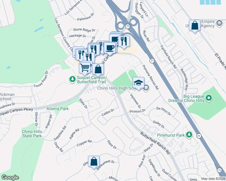 map of restaurants, bars, coffee shops, grocery stores, and more near 16155 Saggio Lane in Chino Hills