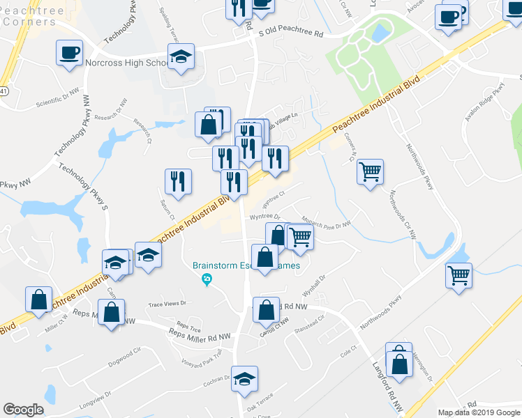 map of restaurants, bars, coffee shops, grocery stores, and more near 5375 Wyntree Court in Norcross
