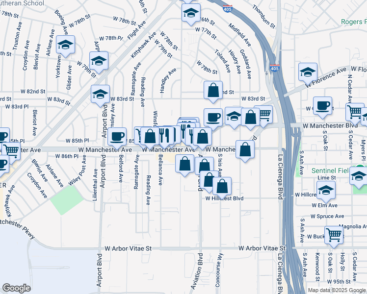 map of restaurants, bars, coffee shops, grocery stores, and more near 5583 West Manchester Avenue in Los Angeles