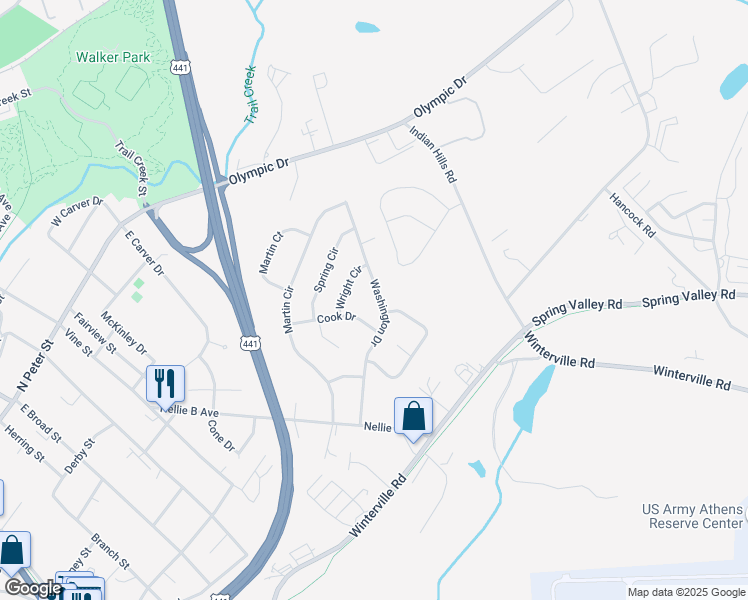 map of restaurants, bars, coffee shops, grocery stores, and more near 345 Washington Drive in Athens