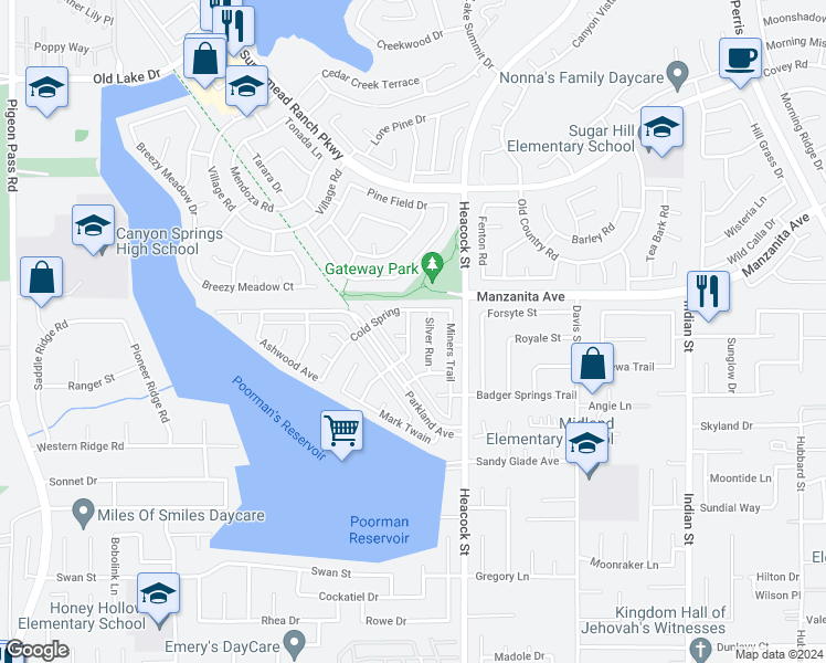 map of restaurants, bars, coffee shops, grocery stores, and more near 11068 Sultan Street in Moreno Valley