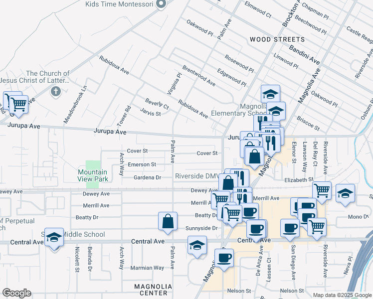 map of restaurants, bars, coffee shops, grocery stores, and more near 4397 Cover Street in Riverside