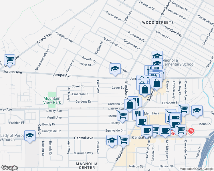 map of restaurants, bars, coffee shops, grocery stores, and more near 4379 Cover Street in Riverside