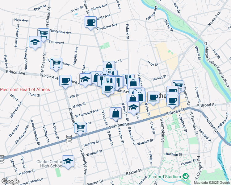 map of restaurants, bars, coffee shops, grocery stores, and more near 297 Prince Avenue in Athens