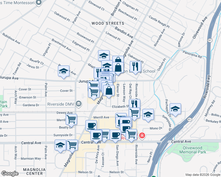 map of restaurants, bars, coffee shops, grocery stores, and more near 6038 Magnolia Avenue in Riverside