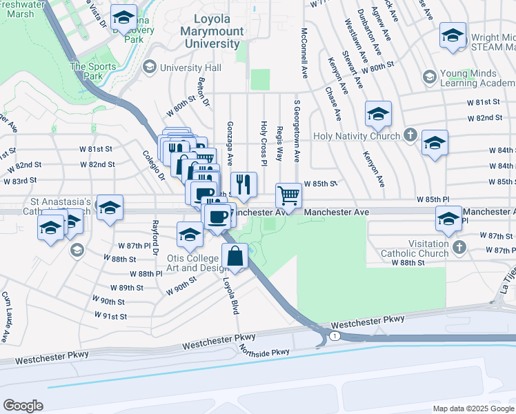 map of restaurants, bars, coffee shops, grocery stores, and more near 7071 1/2 West Manchester Avenue in Los Angeles