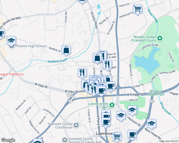 map of restaurants, bars, coffee shops, grocery stores, and more near 405 North Perry Street in Lawrenceville