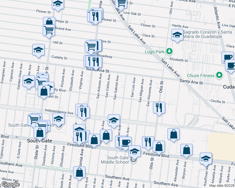 map of restaurants, bars, coffee shops, grocery stores, and more near 8186 San Gabriel Avenue in South Gate