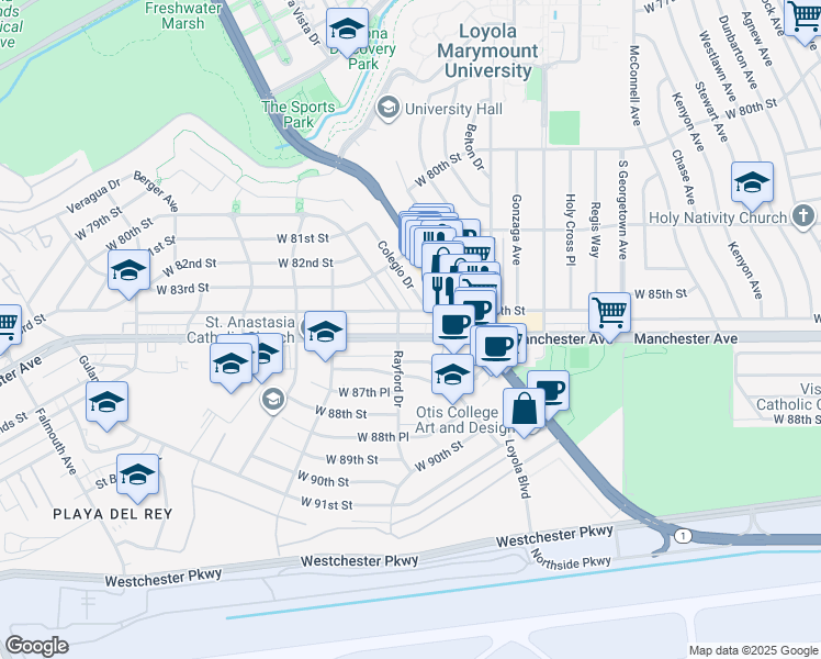 map of restaurants, bars, coffee shops, grocery stores, and more near 7299 West Manchester Avenue in Los Angeles